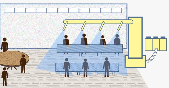 スポット空調の設置例。作業中のスタッフのエリアにピンポイントで冷風を送る